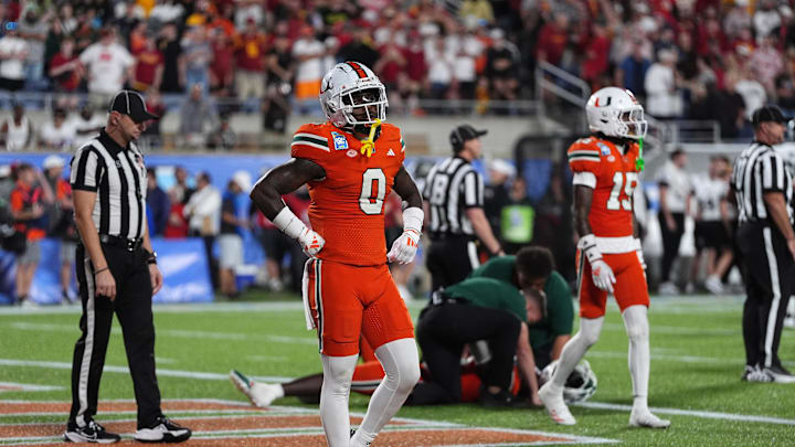 Dec 28, 2024; Orlando, FL, USA; Miami Hurricanes defensive back Mishael Powell (0) reacts during the second half against the Iowa State Cyclones at Camping World Stadium. Mandatory Credit: Jasen Vinlove-Imagn Images