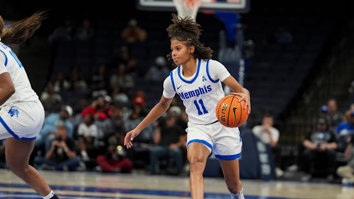 Memphis' Tanyuel Welch (11) dribbles up the court during the game between South Carolina and Memphis in the Hoops for St. Jude Tip Off Classic at FedExForum on Tuesday, October 15, 2024.