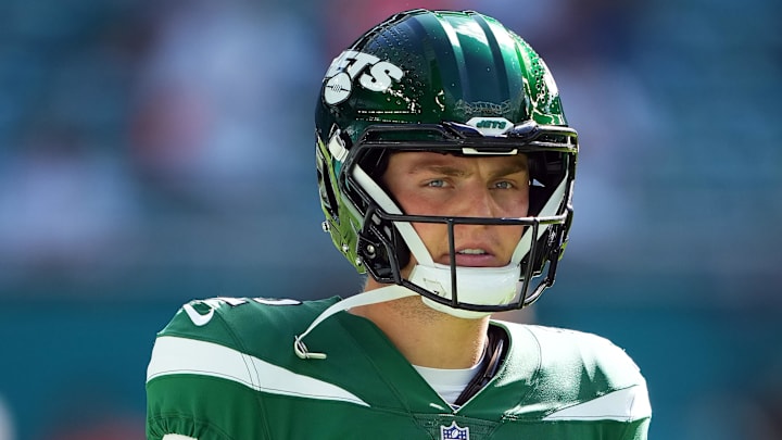 Dec 17, 2023; Miami Gardens, Florida, USA; New York Jets quarterback Zach Wilson (2) warms up prior