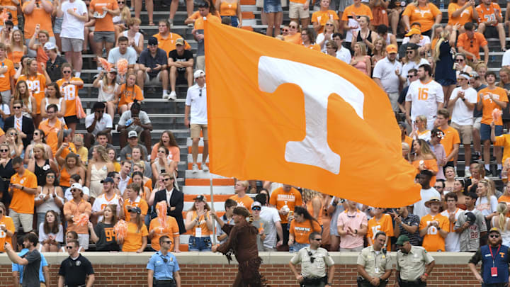 Sep 14, 2019; Knoxville, TN, USA; The Tennessee Volunteers Rifleman carries the Tennessee Volunteers flag across the end zone after a score against the Chattanooga Mocs during the first half at Neyland Stadium. Mandatory Credit: Randy Sartin-USA TODAY Sports