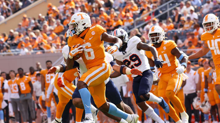 Oct 22, 2022; Knoxville, Tennessee, USA; Tennessee Volunteers wide receiver Jimmy Holiday (6) runs the ball against the Tennessee Martin Skyhawks during the second half at Neyland Stadium. Mandatory Credit: Randy Sartin-Imagn Images