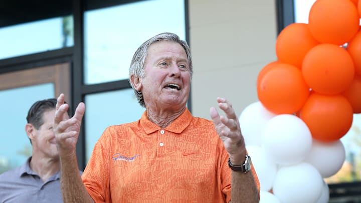 Legendary Florida Gators head ball coach Steve Spurrier gets animated as he makes comments before a ribbon cutting to officially opening his new restaurant Spurrier's Gridiron Grille in Celebration Pointe, in Gainesville, Fla., Aug. 10, 2021. [Brad McClenny/The Gainesville Sun]