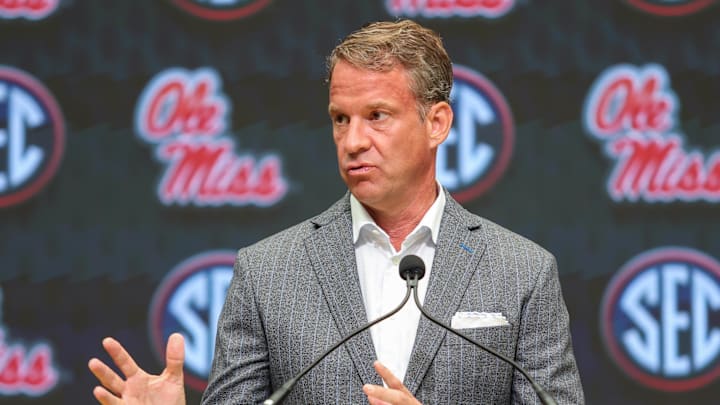 Jul 14, 2025; Atlanta, GA, USA; Ole Miss Rebels head coach Lane Kiffin speaks to the media during SEC Media Day at Omni Atlanta Hotel. Mandatory Credit: Jordan Godfree-Imagn Images