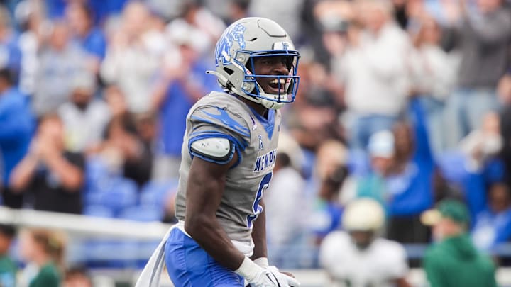 Memphis' Jamari Hawkins (9) reacts after scoring a touchdown during the game between USF and Memphis at Simmons Bank Liberty Stadium in Memphis, Tenn., on October 25, 2025. Memphis' Jamari Hawkins (9) reacts after scoring a touchdown during the game between USF and Memphis at Simmons Bank Liberty Stadium in Memphis, Tenn., on October 25, 2025.