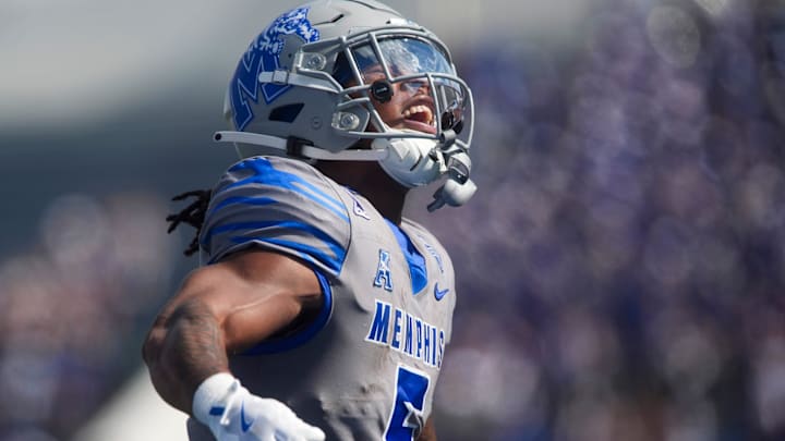 Memphis' Sutton Smith (5) celebrates after scoring a touchdown during the season opener between Chattanooga and Memphis at Simmons Bank Liberty Stadium in Memphis, Tenn., on August 30, 2025.