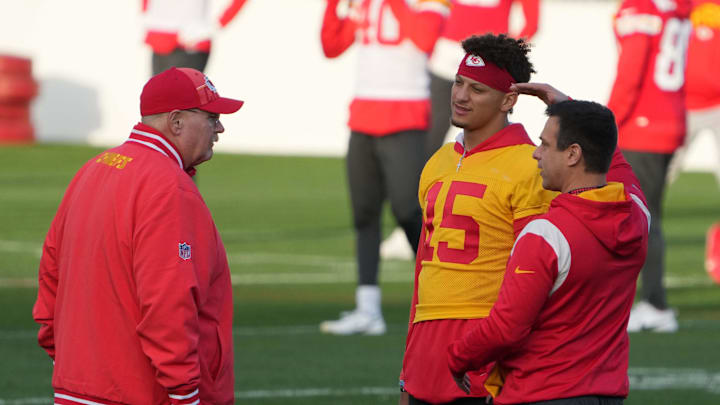 Nov 3, 2023; Frankfurt, Germany; Kansas City Chiefs coach Andy Reid (left), quarterback Patrick