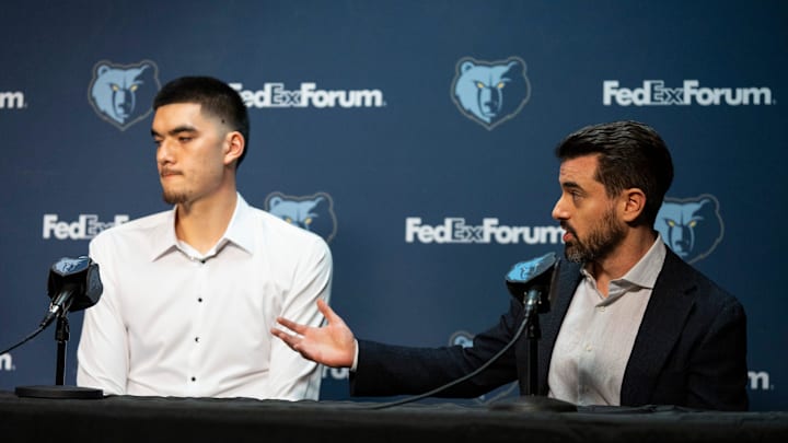 Zach Kleiman, Grizzlies president and general manager of basketball operations, speaks about the team’s draft picks as first-round pick Zach Edey looks on during a press conference to introduce the 2024 NBA Draft picks at FedExForum on Friday, June 28, 2024.