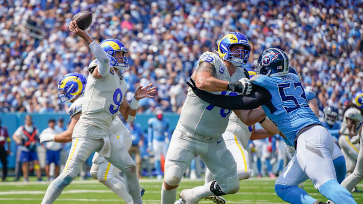 Los Angeles Rams quarterback Matthew Stafford (9) passes against the Tennessee Titans during the second quarter at Nissan Stadium in Nashville, Tenn., Sunday, Sept. 14, 2025.