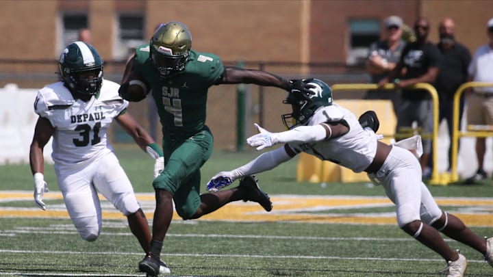 John Forster of St. Joseph's on his way to a 98-yard TD reception as DePaul lost to St. Joseph's 36-31 in Montvale, NJ on September 3, 2022.