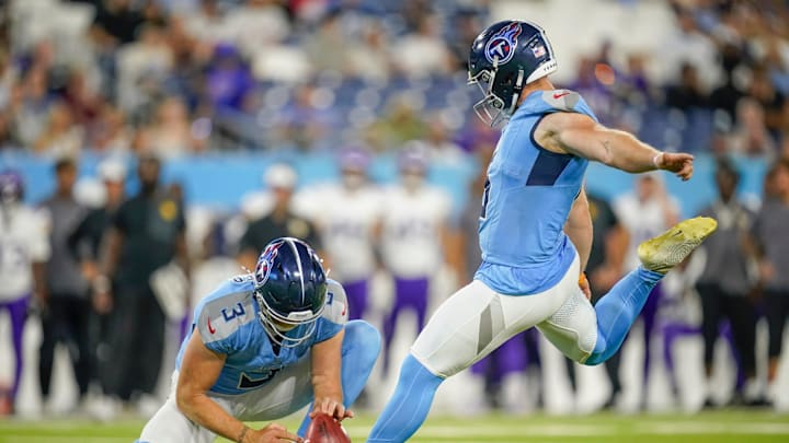 Tennessee Titans place kicker Joey Slye (6) kicks a field goal during the fourth quarter of an NFL pre-season game against the Minnesota Vikings at Nissan Stadium in Nashville, Tenn., Friday, Aug. 22, 2025.