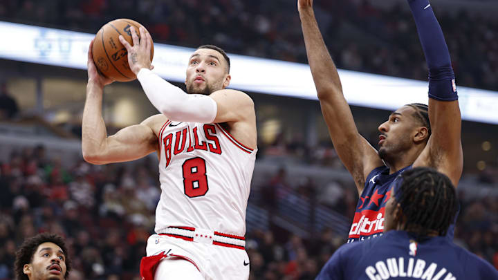 Jan 10, 2025; Chicago, Illinois, USA; Chicago Bulls guard Zach LaVine (8) drives to the basket