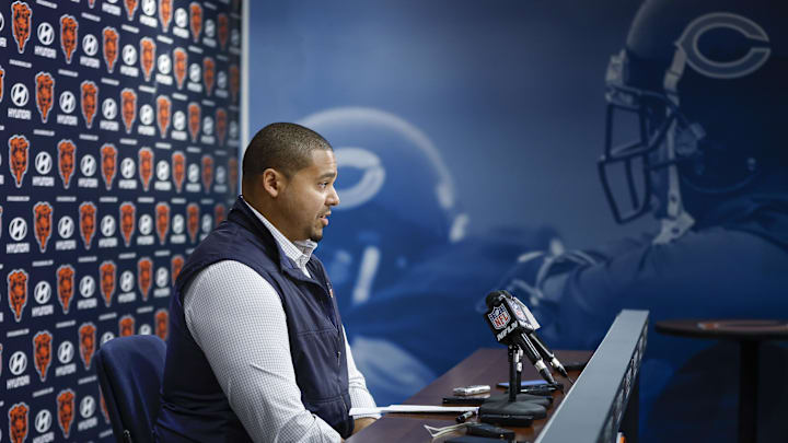 Mar 16, 2023; Lake Forest, IL, USA; Chicago Bears general manager Ryan Poles speaks during a press conference at Halas Hall. Mandatory Credit: Kamil Krzaczynski-Imagn Images