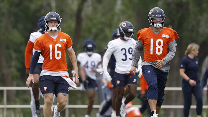 Jun 3, 2025; Lake Forest, IL, USA; Chicago Bears quarterback Austin Reed (16) and quarterback Caleb Williams (18) warm up during minicamp at Halas Hall. Mandatory Credit: Kamil Krzaczynski-Imagn Images