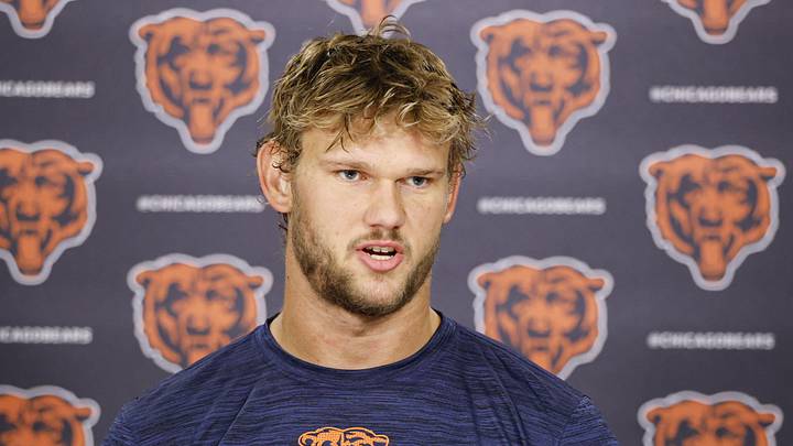 May 8, 2026; Lake Forest, IL, USA; Chicago Bears tight end Sam Roush (87) speaks during Rookie Minicamp at Halas Hall. Mandatory Credit: Kamil Krzaczynski-Imagn Images