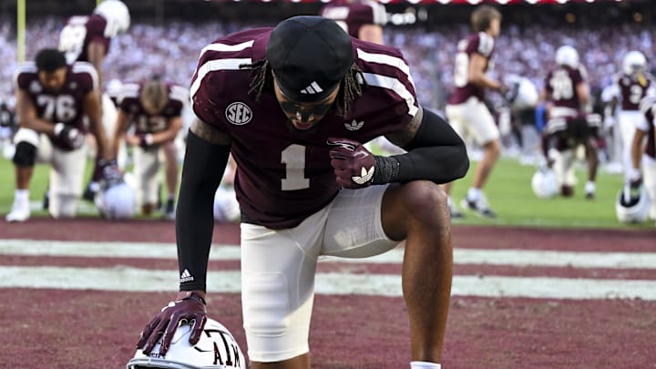 Oct 11, 2025; College Station, Texas, USA; Texas A&M Aggies safety Bryce Anderson (1) kneels prior to the game against the Florida Gators at Kyle Field. Mandatory Credit: Maria Lysaker-Imagn Images Oct 11, 2025; College Station, Texas, USA; Texas A&M Aggies safety Bryce Anderson (1) kneels prior to the game against the Florida Gators at Kyle Field. Mandatory Credit: Maria Lysaker-Imagn Images