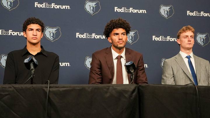 Grizzlies 2026 draft picks Karim Lopez, Cam Boozer and Richie Saunders listen to questions from the media during their introductory press conference at FedExForum in Memphis, Tenn., on June 25, 2026.