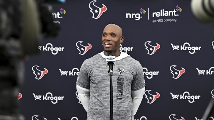 Jun 10, 2025; Houston, TX, USA; Houston Texans head coach DeMeco Ryans speaks during a press conference after an NFL football minicamp at NRG Stadium. Mandatory Credit: Maria Lysaker-Imagn Images 