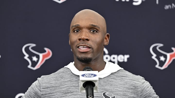 Jun 10, 2025; Houston, TX, USA; Houston Texans head coach DeMeco Ryans speaks during a press conference after an NFL football minicamp at NRG Stadium. Mandatory Credit: Maria Lysaker-Imagn Images 