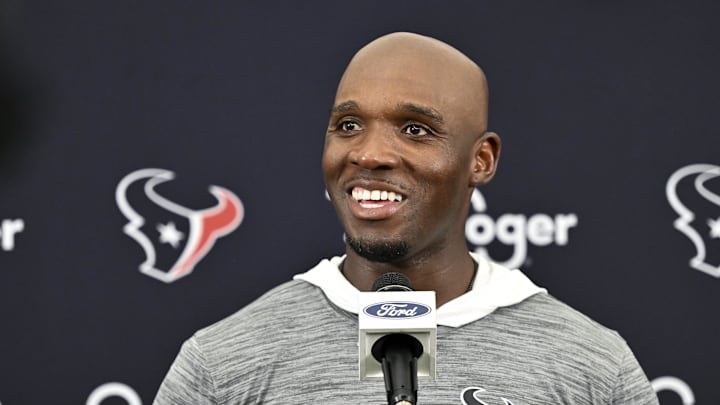 Jun 10, 2025; Houston, TX, USA; Houston Texans head coach DeMeco Ryans speaks during a press conference after an NFL football minicamp at NRG Stadium. Mandatory Credit: Maria Lysaker-Imagn Images 