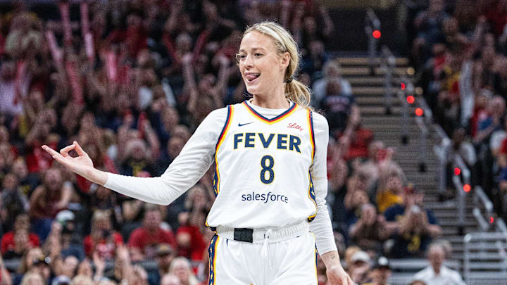 Jul 9, 2025; Indianapolis, Indiana, USA; Indiana Fever guard Sophie Cunningham (8) celebrates a made basket in the first half against Golden State Valkyries  at Gainbridge Fieldhouse. Mandatory Credit: Trevor Ruszkowski-Imagn Images