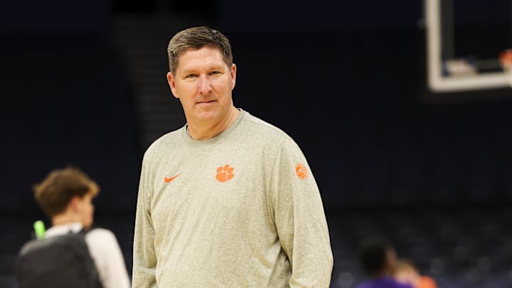 Mar 19, 2026; Tampa, FL, USA; Clemson Tigers head coach Brad Brownell looks on during a practice session ahead of the first round of the men's 2026 NCAA Tournament at Benchmark International Arena. Mandatory Credit: Nathan Ray Seebeck-Imagn Images