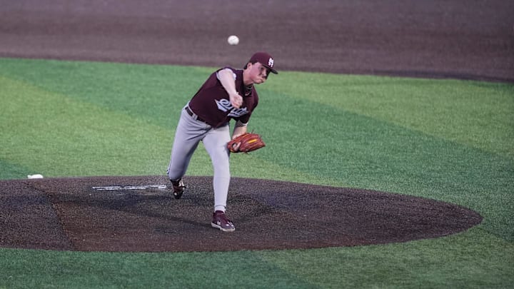 Mississippi State's Ryan McPherson (28) pitches during the game between Mississippi State and the University of Memphis at FedExPark in Memphis, Tenn., on Tuesday, April 1, 2025.