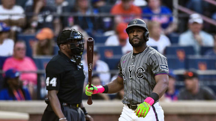 Aug 30, 2025; New York City, New York, USA; New York Mets outfielder Starling Marte (6) reacts after striking out against the Miami Marlins during the seventh inning at Citi Field. Mandatory Credit: John Jones-Imagn Images