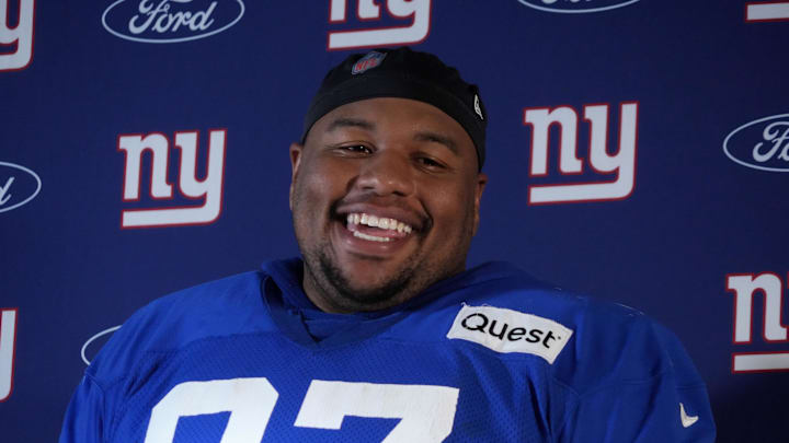 Nov 8, 2024; Munich, Germany; New York Giants defensive tackle Dexter Lawrence II (97) during press conference at the FC Bayern Munchen training grounds at Sabener Strasse.  Mandatory Credit: Kirby Lee-Imagn Images