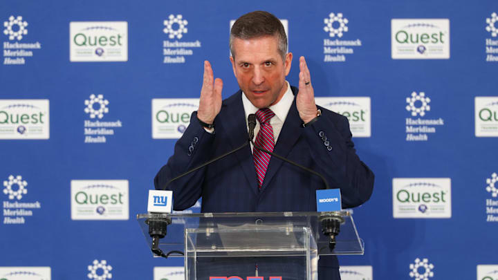 Jan 20, 2026; East Rutherford, NJ, USA; New York Giants head coach John Harbaugh speaks at the press conference announcing his hiring at Quest Diagnostics Training Center. Mandatory Credit: Ed Mulholland-Imagn Images