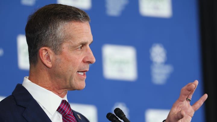 Jan 20, 2026; East Rutherford, NJ, USA; New York Giants head coach John Harbaugh speaks at the press conference announcing his hiring at Quest Diagnostics Training Center. Mandatory Credit: Ed Mulholland-Imagn Images
