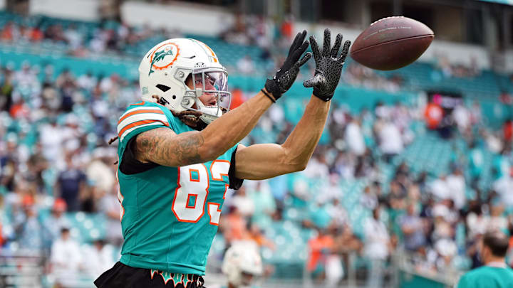 Dec 24, 2023; Miami Gardens, Florida, USA; Miami Dolphins wide receiver Chase Claypool (83) warms up prior to the game against the Dallas Cowboys at Hard Rock Stadium. Mandatory Credit: Jasen Vinlove-Imagn Images