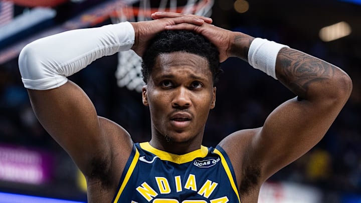 Jan 31, 2026; Indianapolis, Indiana, USA; Indiana Pacers guard/forward Bennedict Mathurin (00) in the first half against the Atlanta Hawks at Gainbridge Fieldhouse. Mandatory Credit: Trevor Ruszkowski-Imagn Images