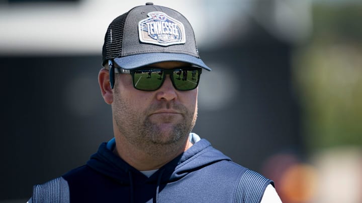 Tennessee Titans general manager Jon Robinson watches  practice at Ascension Saint Thomas Sports Park Wednesday, Aug. 31, 2022, in Nashville, Tenn.

Nas 0831 Titans 007