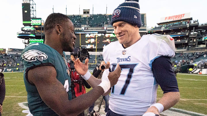 Philadelphia Eagles wide receiver A.J. Brown (11) and Tennessee Titans quarterback Ryan Tannehill (17) great each other after their game at Lincoln Financial Field Sunday, Dec. 4, 2022, in Philadelphia, Pa. The Philadelphia Eagles defeated the Tennessee Titans 35 to 10.

Nfl Tennessee Titans At Philadelphia Eagles