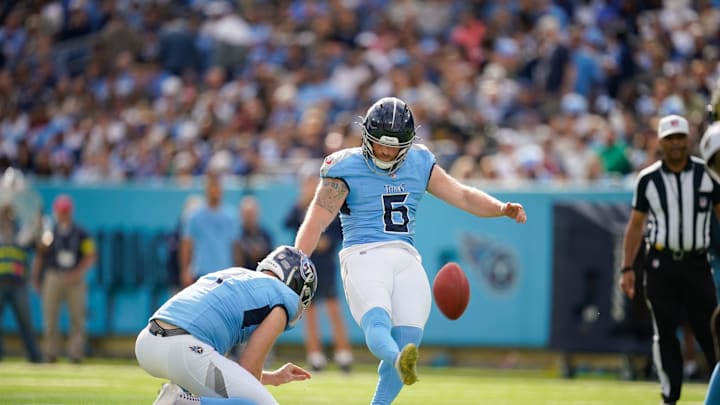 Tennessee Titans place kicker Joey Slye (6) kicks a field goal during the first quarter against the New Orleans Saints at Nissan Stadium in Nashville, Tenn., Sunday, Dec. 28, 2025. Tennessee Titans place kicker Joey Slye (6) kicks a field goal during the first quarter against the New Orleans Saints at Nissan Stadium in Nashville, Tenn., Sunday, Dec. 28, 2025.