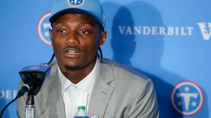 Wide receiver Carnell Tate takes questions at the Titans' practice facility in Nashville, Tenn., Friday, April 24, 2026. He was the Titans first draft pick for 2026.