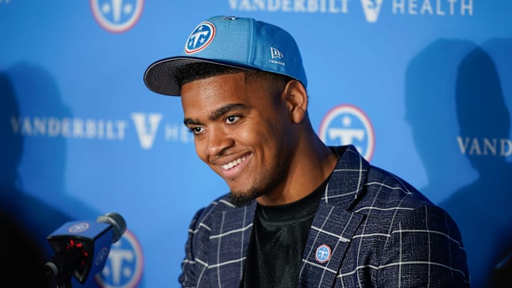 Edge defender Keldric Faulk takes questions at the Titans' practice facility in Nashville, Tenn., Friday, April 24, 2026. He was the Titans second draft pick for 2026.