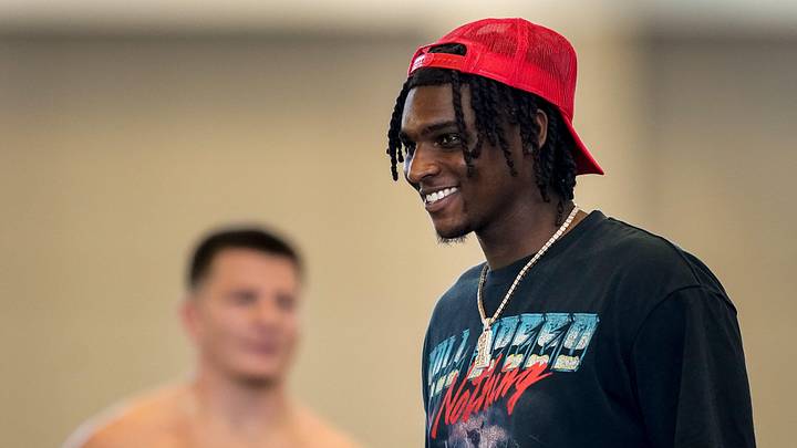 Tennessee Titans quarterback Cam Ward watches football pro day at Vanderbilt University in Nashville, Tenn., Friday, March 20, 2026.