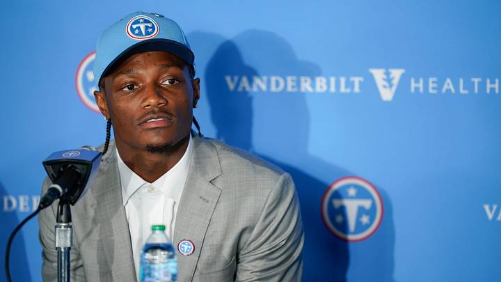 Wide receiver Carnell Tate takes questions at the Titans' practice facility in Nashville, Tenn., Friday, April 24, 2026. He was the Titans first draft pick for 2026.