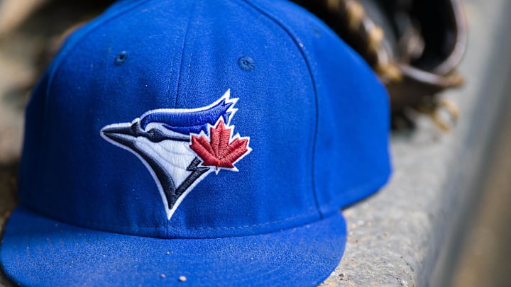May 16; A view of a Toronto Blue Jays ball cap and logo during the game
