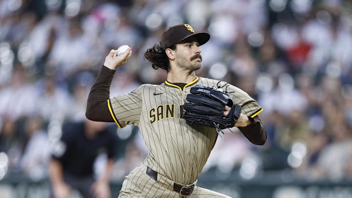 Sep 19, 2025; Chicago, Illinois, USA; San Diego Padres starting pitcher Dylan Cease (84) delivers a pitch against the Chicago White Sox during the first inning at Rate Field. Mandatory Credit: Kamil Krzaczynski-Imagn Images