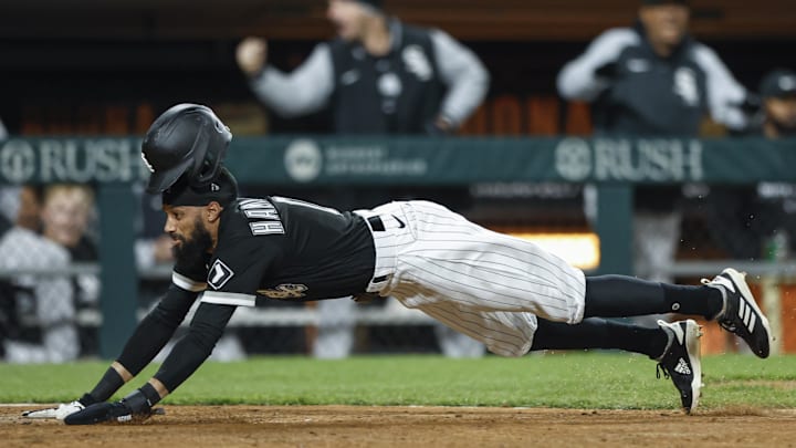 May 3, 2023; Chicago, Illinois, USA; Chicago White Sox outfielder Billy Hamilton slides to score against the Minnesota Twins during the eight inning at Guaranteed Rate Field. Mandatory Credit: Kamil Krzaczynski-Imagn Images May 3, 2023; Chicago, Illinois, USA; Chicago White Sox outfielder Billy Hamilton slides to score against the Minnesota Twins during the eight inning at Guaranteed Rate Field. Mandatory Credit: Kamil Krzaczynski-Imagn Images