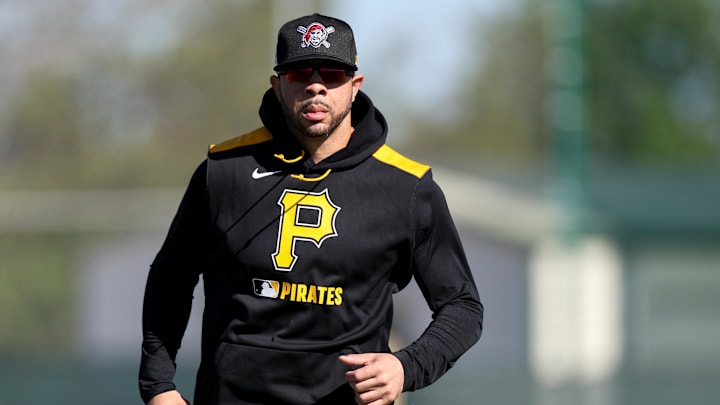 Feb 17, 2025; Bradenton, FL, USA;  Pittsburgh Pirates outfield Tommy Pham (28) participates in spring training workouts at Pirate City. Mandatory Credit: Nathan Ray Seebeck-Imagn Images