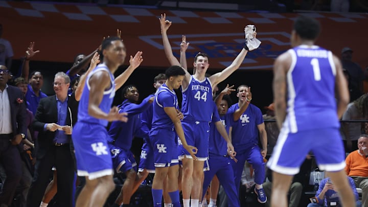 Mar 9, 2024; Knoxville, Tennessee, USA; The Kentucky Wildcats bench reacts to a three pointer