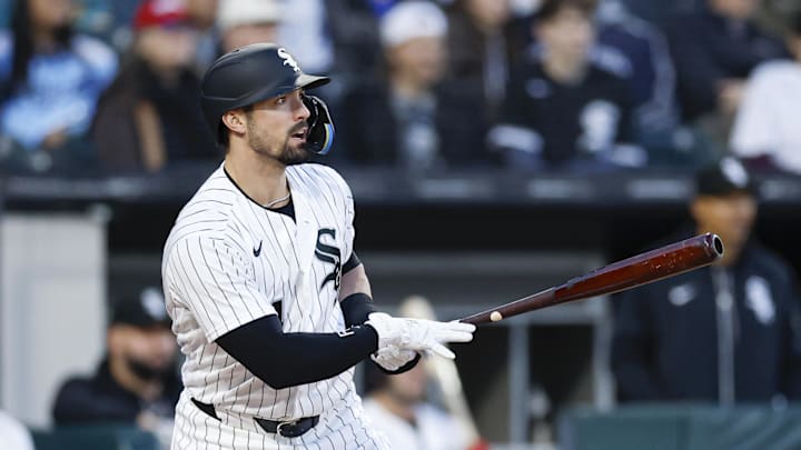 May 14, 2026; Chicago, Illinois, USA; Chicago White Sox left fielder Randal Grichuk (34) hits a two-run single against the Kansas City Royals during the third inning at Rate Field. Mandatory Credit: Kamil Krzaczynski-Imagn Images