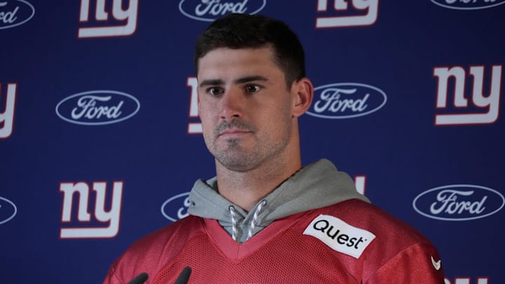 Nov 8, 2024; Munich, Germany; New York Giants quarterback Daniel Jones (8) during press conference at the FC Bayern Munchen training grounds at Sabener Strasse.  Mandatory Credit: Kirby Lee-Imagn Images