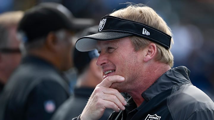 Dec 22, 2019; Carson, California, USA; Oakland Raiders head coach Jon Gruden during pregame warmups before the Raiders game against the Los Angeles Chargers at Dignity Health Sports Park. Mandatory Credit: Robert Hanashiro-Imagn Images