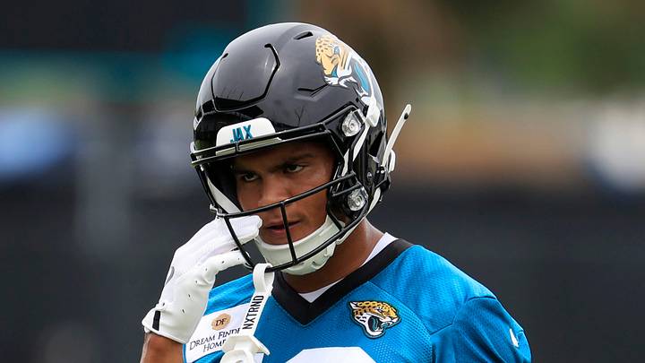 Jacksonville Jaguars wide receiver CJ Williams (18) looks on during rookie minicamp at the Miller Electric Center, Saturday, May 9, 2026 in Jacksonville, Fla. Today was the second of a three day camp concluding Sunday.