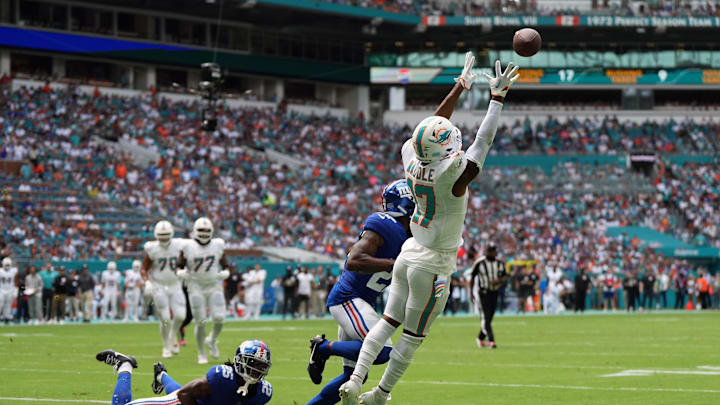 Oct 8, 2023; Miami Gardens, Florida, USA; Miami Dolphins wide receiver Jaylen Waddle (17) attempts
