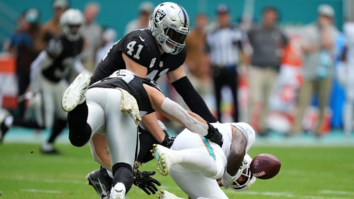 Nov 19, 2023; Miami Gardens, Florida, USA; Las Vegas Raiders linebacker Luke Masterson (59) forces